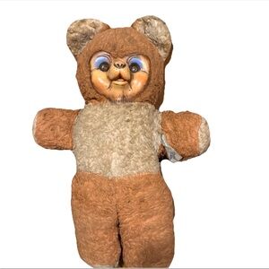 Antique Vintage Plush Bear Hard Face Baby Rattle  Brown stuffed animal 1950s